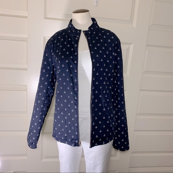 SPANNER Quilted Reversible Jacket Zip Up Sz L Navy Blue Anchors Pattern Pockets - Picture 15 of 15